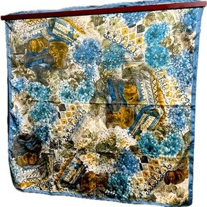 Blue & Gold 34” x 34” PURE SILK SCARF/SHAWL, Floral Still Life Abstract Pattern